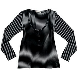 Marine Layer Black White Stripe Henley Long Sleeve Rib Knit Top L Women Preppy